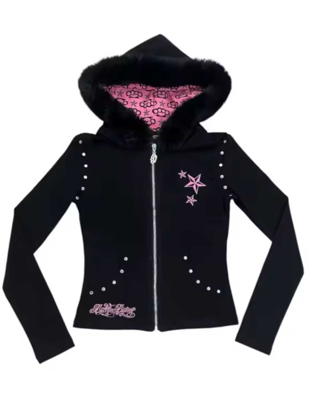 Black Zip-Up Hoodie with Faux Fur Hood & Pink Star Accents